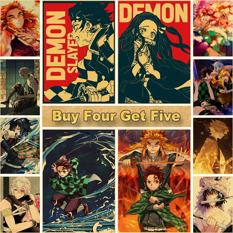 

Demon Slayer Posters Popular Japanese Anime Poster Sticker Retro Decorative Painting Picture Room Bar Hotel Wall Art Decor