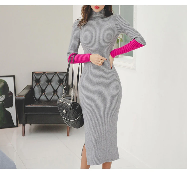 H Han queen водолазка контрастного цвета вязаный свитер платья для женщин осень зима платья стрейч джемпер Bodycon Vestidos