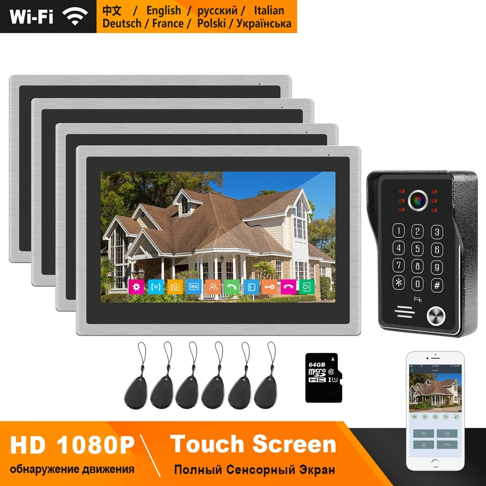 HomeFong WIFI видеодомофон комплект HD 10 дюймов сенсорный экран поддержка смартфона