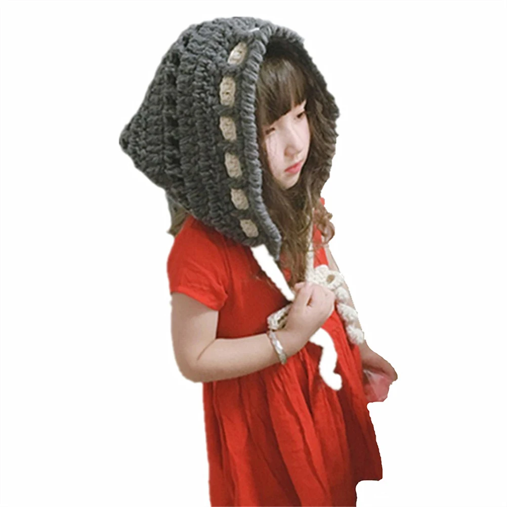 Autumn Winter Cap Woolen Yarn Wool Crochet Long Tail Hat Knitted Beanie for Kids Children(Grey