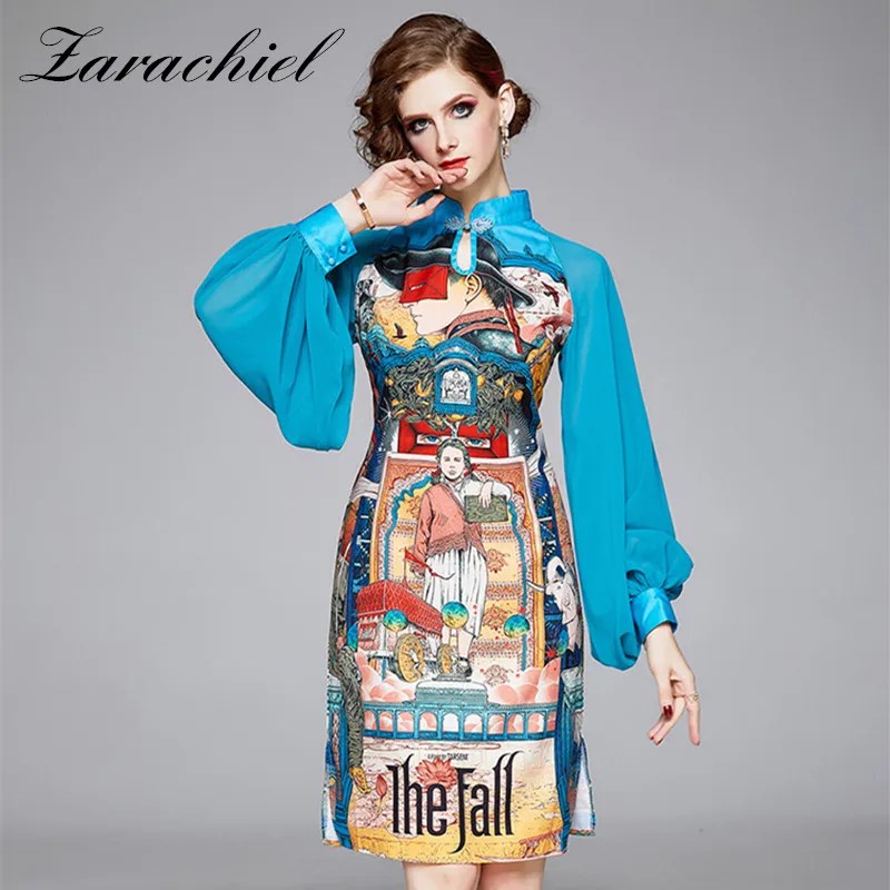 

Fashion Designer Vintage Cheongsam Party Dress 2020 Spring Women Long Lantern Sleeve Retro Printed Buckle Collar Casual Dress