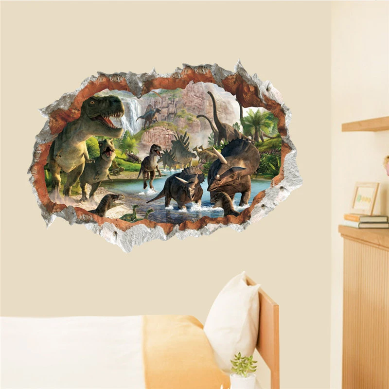 Dinosaurs 3d Hole Wall Stickers Living Room Bedroom Decoration Jurassic Age  Animals Wild Safari Mural Art Diy Home Decals - Wall Stickers - AliExpress