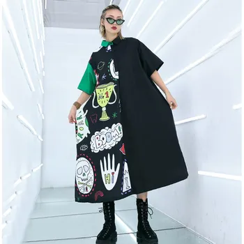

Women Fashion Lapel Short Sleeve Black Half Sid Pattern Printed Dress Loose Big Size Shirt Dress