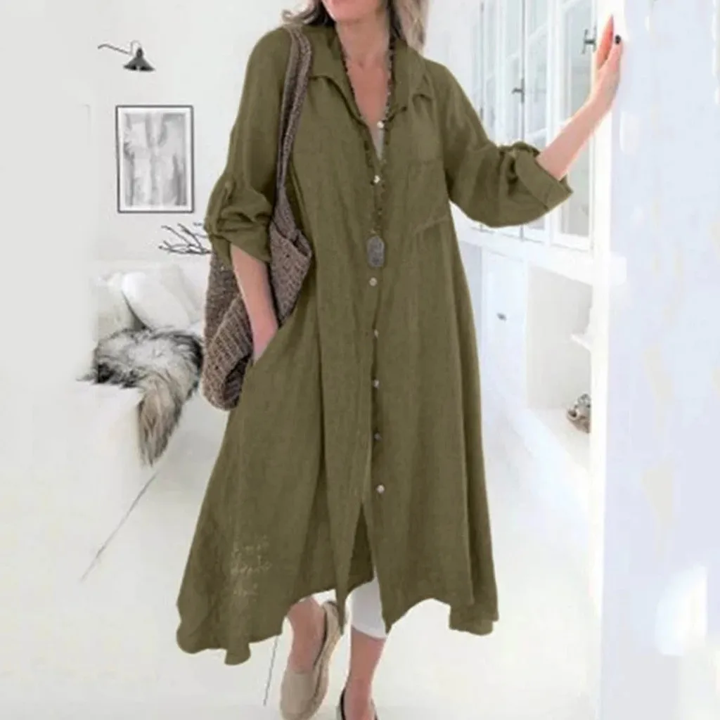 

Feitong Women Plus Size Midi Dress Casual Daily Long Sleeve Asymmetric Boho Dress Lapel Pockets Button Dress Vestidos De Verano