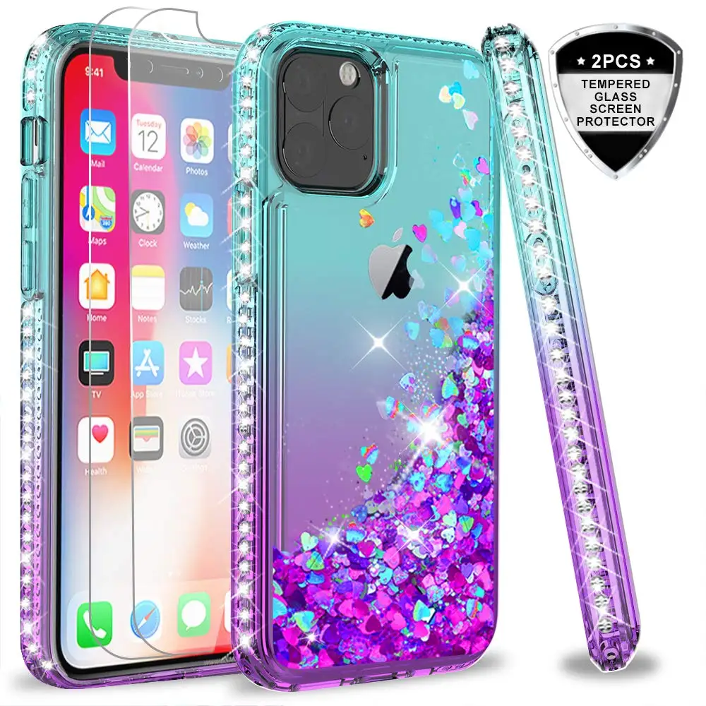 

Cases for iPhone 11 (2019) with Tempered Glass Screen Protector [2Pack] for Girls Women, Glitter Moving Quicksand Clear Cover