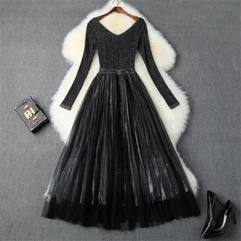 

Autumn Winter Dress Runway Designers Fashion 2019 Women Elegant Full Sleeve V Neck Empire Pleated Tulle Midi Party Dresses