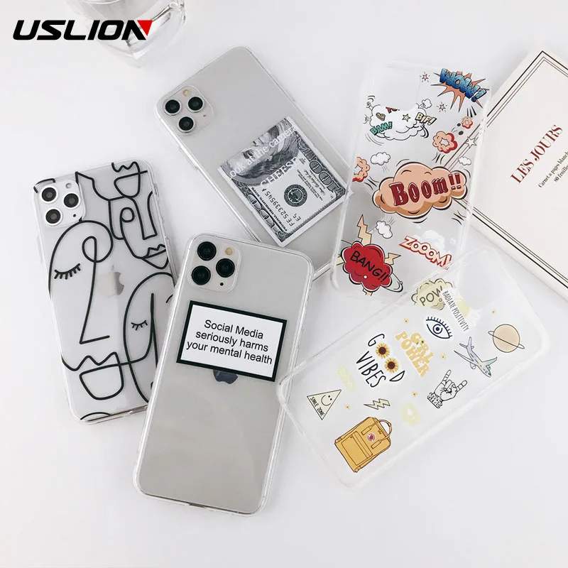 

USLION Funny Cartoon Abstract Clear Phone Case For iPhone 11 Pro Max X XR Xs Max 6 6S 7 8 Plus Soft TPU Fashion Cases Cover