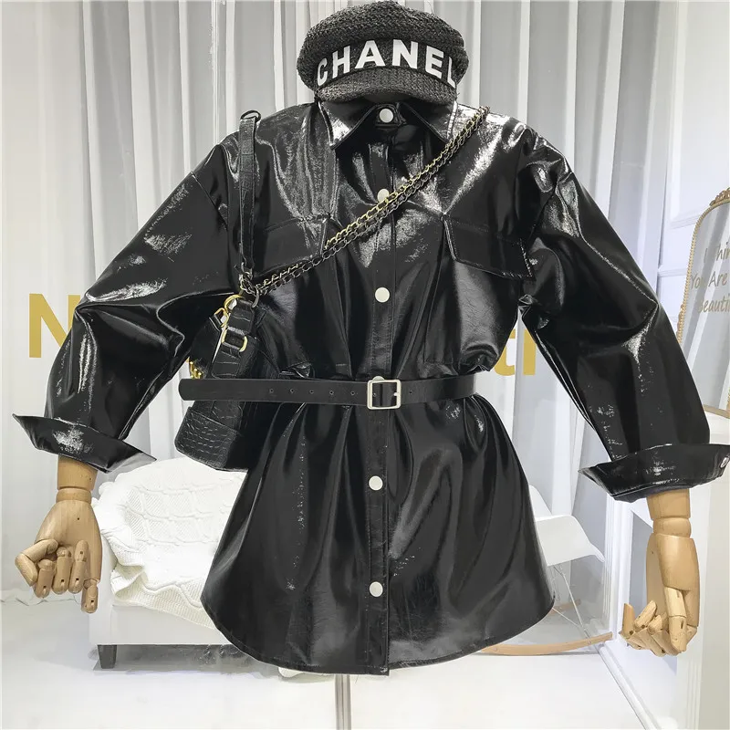 ALPHALMODA осень дизайнерский привлекательный пояс-завязывается яркая одежда из искусственной кожи средней длины пальто Женская мода PU куртка