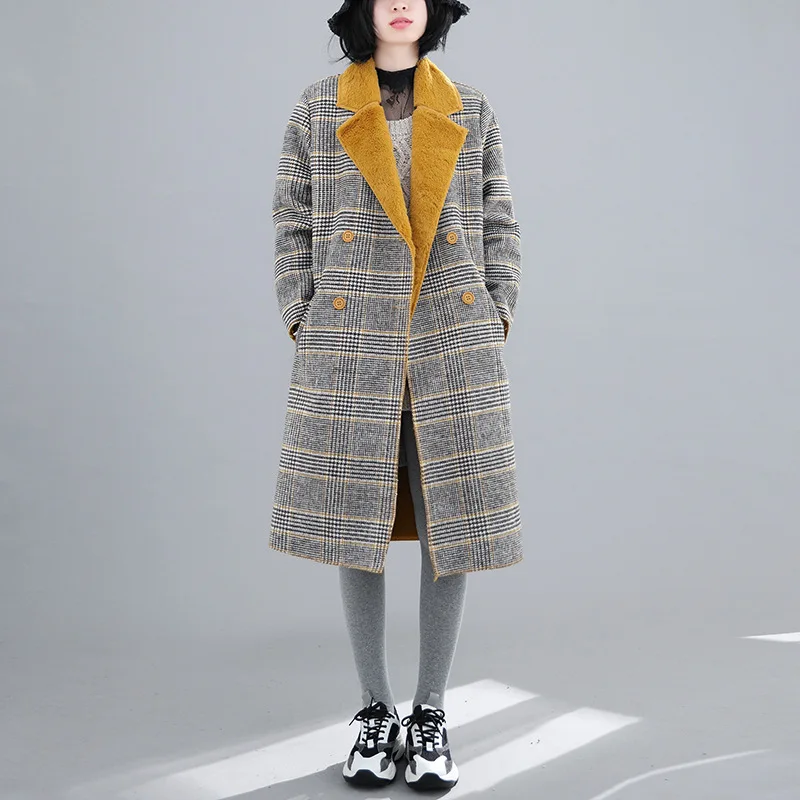 

Women's Plaid Woolen Coat 2019 Autumn And Winter New Style Korean-style WOMEN'S Wear Fur Collar Warm Mid-length Woolen Coat