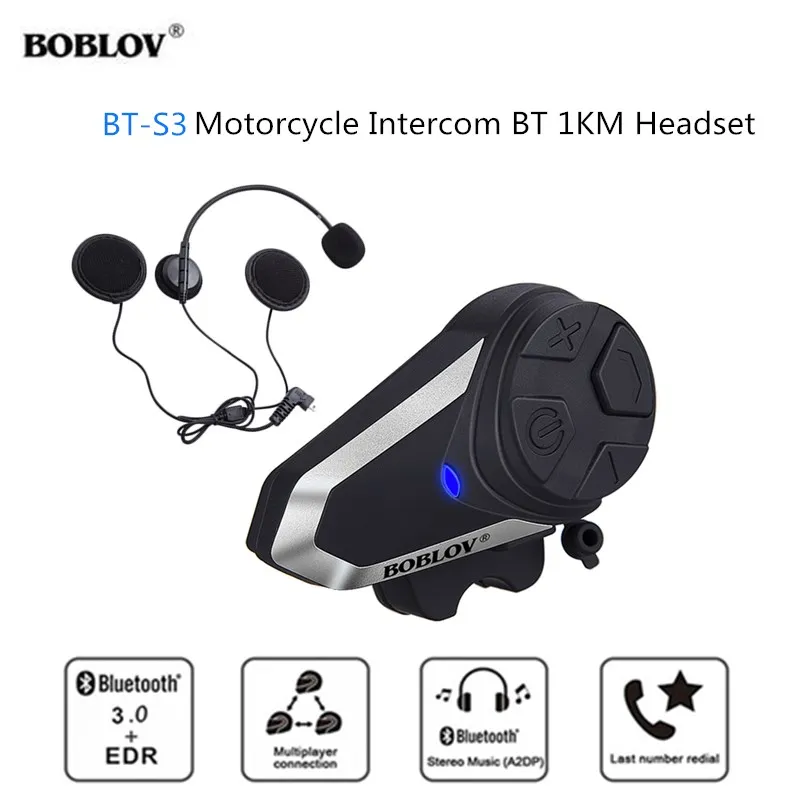 

BOBLOV Waterproof BT-S3 Motorcycle Intercom BT 1KM Bluetooth Helmet Headset BT-S3 Moto Handsfree Wireless Headsets Music FM MP3