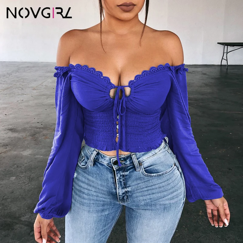 Novgirl, сексуальные женские футболки на шнуровке с открытыми плечами, осень, v-образный вырез, длинный рукав-фонарик, кружевные топы, Повседневная Уличная футболка
