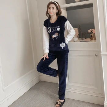 

2020 Winter Cute Cartoon Dag Thick Warm Flannel Pajama Set For Women Long Sleeve Coral Velvet Pyjama Sleepwear Homewear Clothing