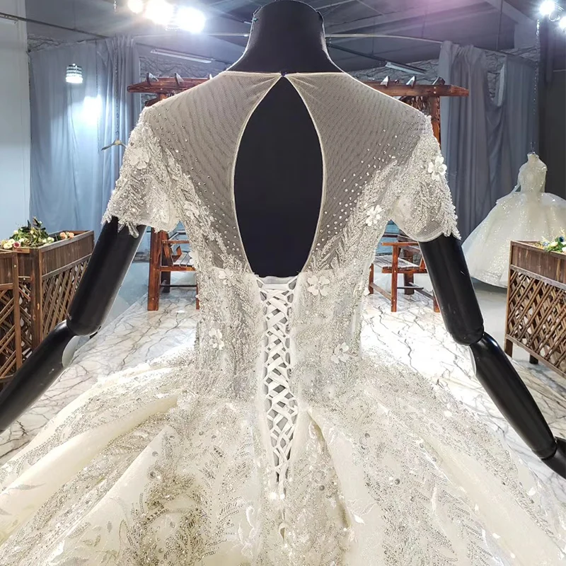 HTL1981 Elegant Extravagant Sequin Crystal Pearls Wedding Dress 2020 Sweetheart Short Sleeve Lace Up Back 6