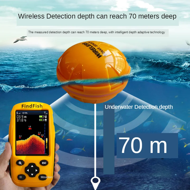 Wireless Echo Sounder for Fishing, LCD Fish Finder, Li-Battery Recharge, Attractive Lamp, Sonar Sensor, 45m Water, New