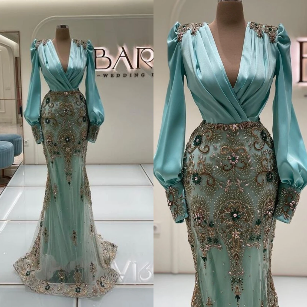 silver prom dresses Luxury Beading Mermaid Prom Dresses Long Sleeve Sexy Deep V Neck Evening Dress Party Wear Sweep Train Gowns green prom dress