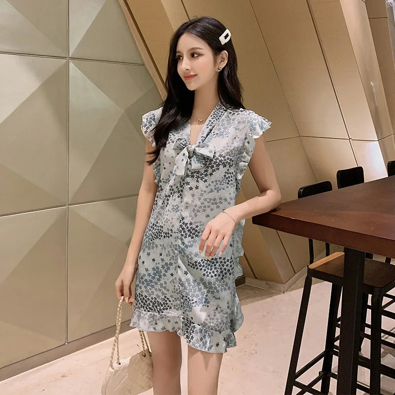 

Summer Wear New Style Flounced Sleeveless Positive And Negative Double Purpose Skirt Star Floral Printed Dress Women's