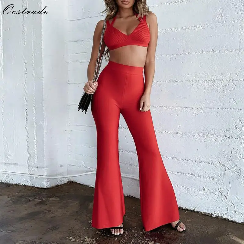 

Bandage Set Women 2019 Summer Red Halter Crop top and Wide Leg Bandage Pants Set Bandage 2 Piece Set Two Piece Outfits