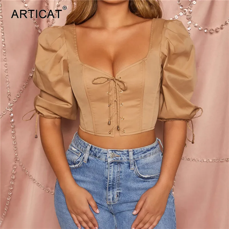 Articat, пышные рукава, на шнуровке, укороченные топы, женские, сексуальные, низкий воротник, открытая спина, молния, короткая рубашка, прозрачные топы, Женская Клубная одежда, наряды