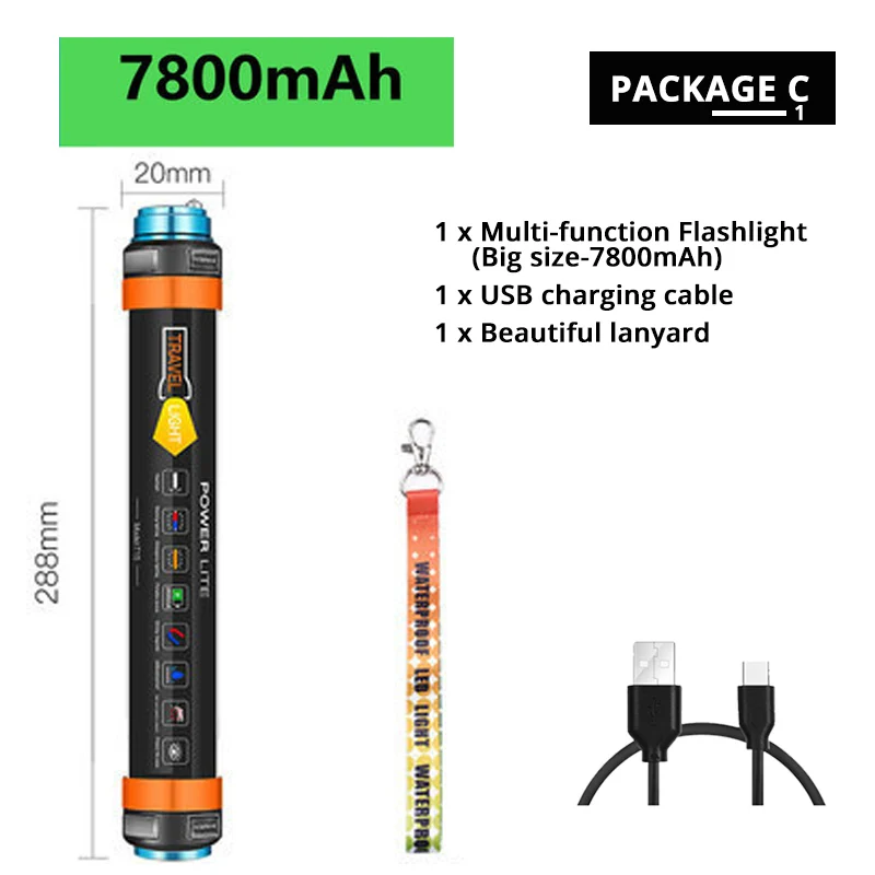 29CM-7800mAh-1 Многофункциональный перезаряжаемый светодиодный походный фонарик Фонари 7800 мА/ч, лампа для палатки работы Рыбалка Предупреждение свет IP68 из водонепроницаемого материала - Испускаемый цвет: 29CM-7800mAh-1