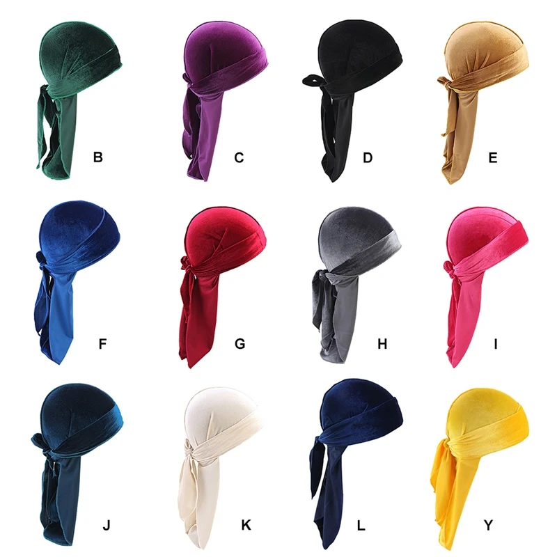Beach Cap Doo Rags Solid Long-tailed Super Soft Velvet Turban Cap Head Wrap Bandana Headwear Apparel Accessories