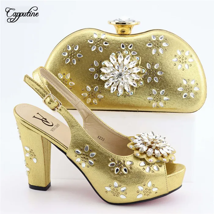 

Most popular gold party sandal shoes with clutch handbag set with stones A233, heel height 11cm
