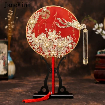 

JaneVini Luxury Pearls Chinese Style Red Phoenix Bridal Bouquets Fan Handmade Flowers Metal Round Hand Fan Wedding Accessories
