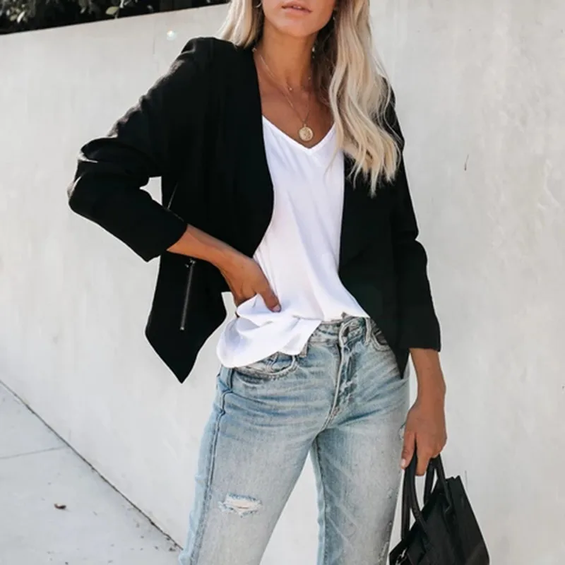 Сплошной цвет белый черный приталенная Женская куртка Осень veste femme воротник с лацканами фитнес Блейзер Куртки