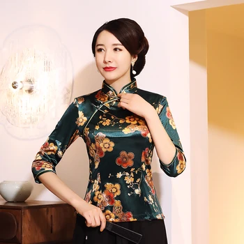 

Lady Velvet Tang Clothing Flower Blouse Mandarin Collar Tang Coat Chinese Traditional Tops Retro Shirt Plus Size 3XL-5XL