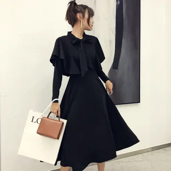 

2020 Autumn and Winter New Style French Shawl Bow Big Hemline Hepburn Wind Medium-length Dress Western Style Black Dress Women F