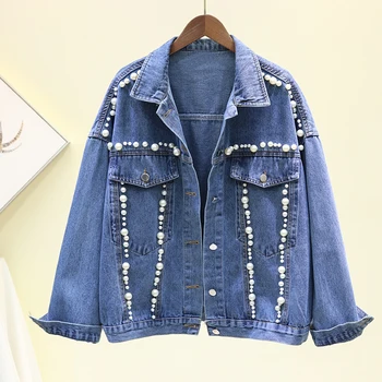 

Spring New Handwork Pearl Big Pocket Denim Jacket Women Korean Fashion Oversized Loose Short Jeans Jacket Coat Outerwear Female