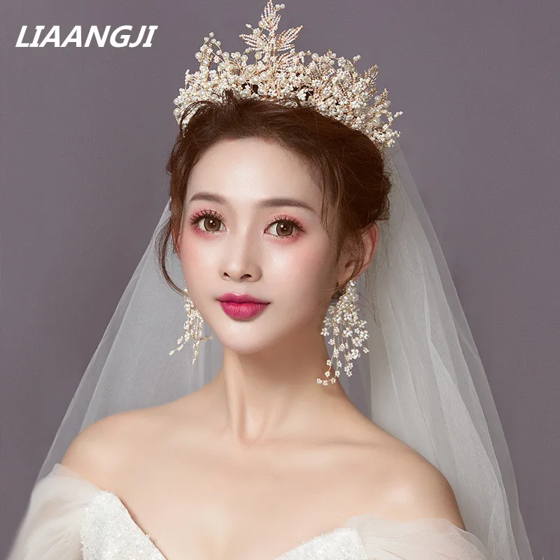 

Crown Headpiece Pearl Crystal Leaf Bride Tiaras Wedding Vine Hair Accessories headdress Headbands Hairdress Hairpin Earrings