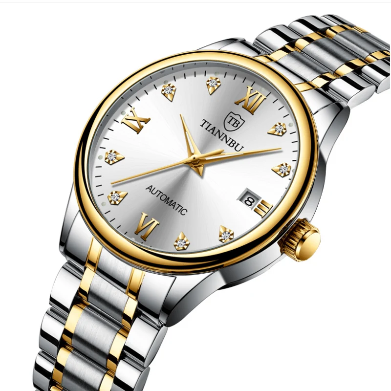 Men's Waterproof Tourbillon Steel Belt Automatic Mechanical Watch With Diamond Face Luminous Calendar Leisure Mechanical Table