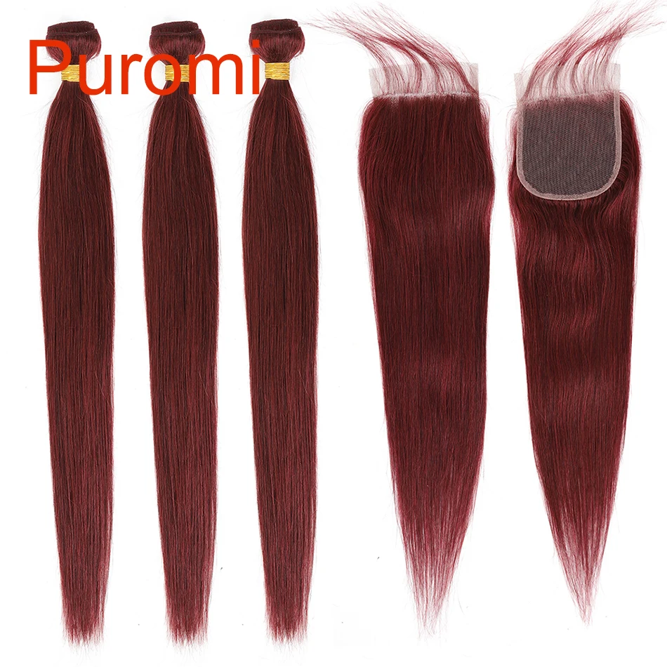 

Puromi Malaysian Hair Straight Hair with Closure Wine Red 99j Bundles with Closure Non Remy Human Hair Closure and Bundles 10-24