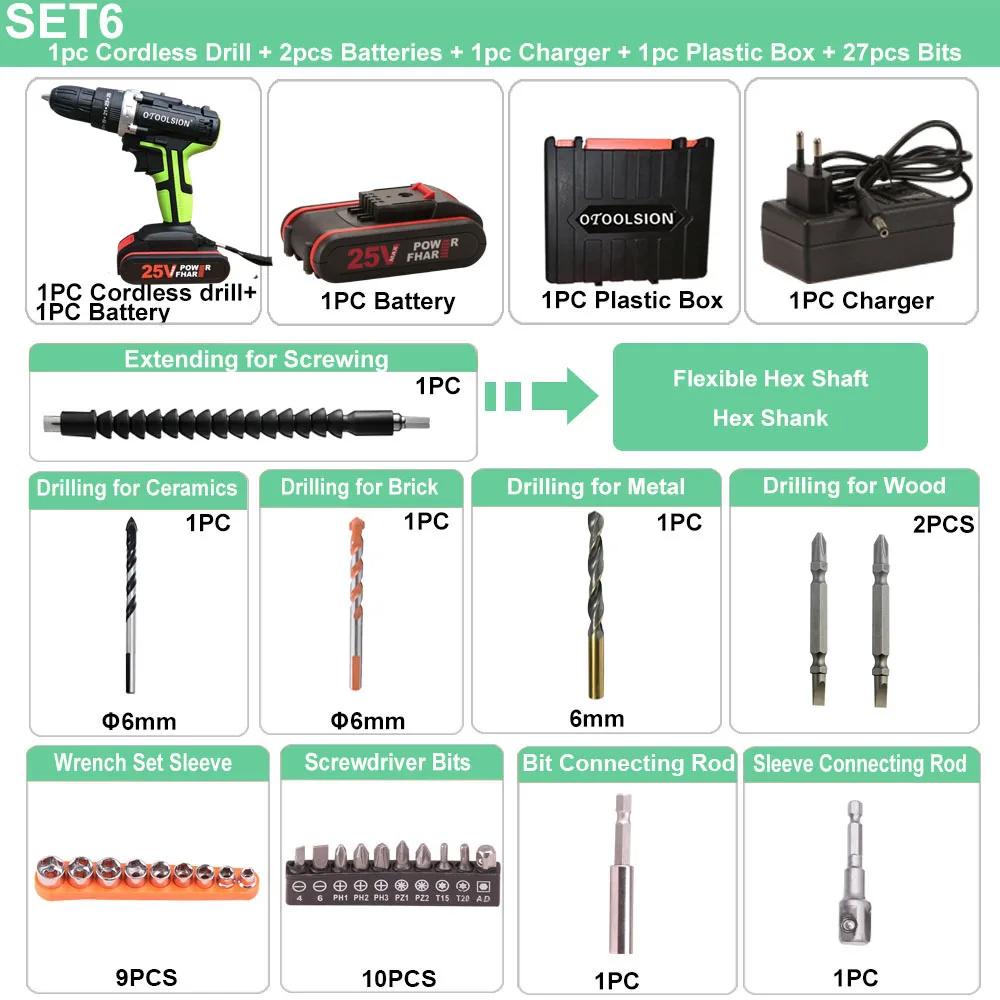25 в шуруповерт электрическая дрель маленькая дрель Электроинструмент молоток Электроинструмент ударная Аккумуляторная дрель для сверла из стали дерево керамика - Цвет: SET6 (2 pc battery)
