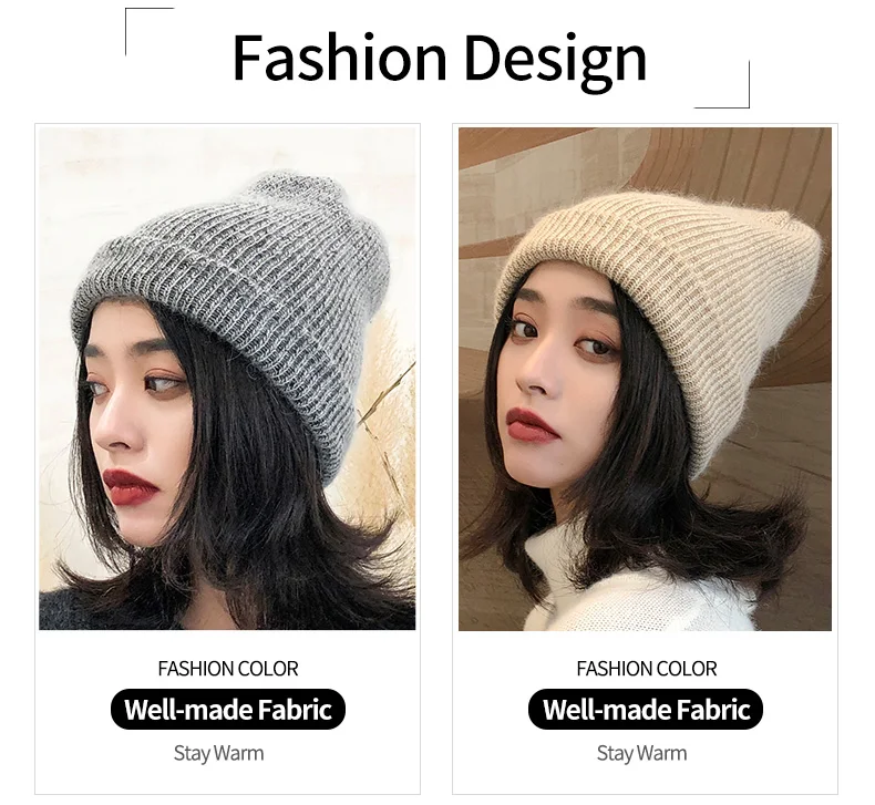 Зимние шапки-бини для женщин, вязаные шапки Gorros, теплые новые Брендовые женские повседневные однотонные шапки из кроличьей шерсти, Утолщенные мягкие шапки для женщин