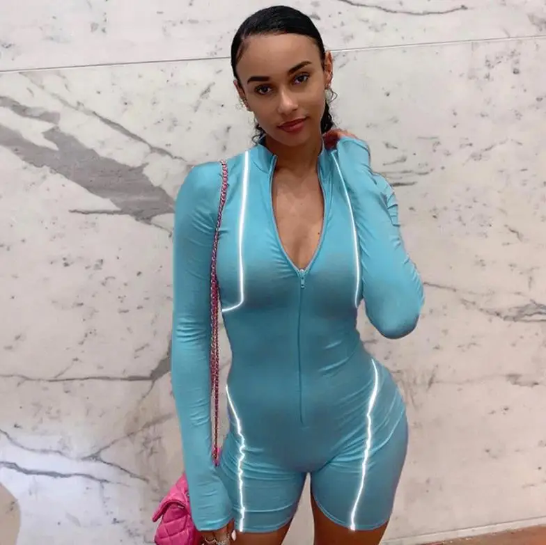 

women fashion playsuit full sleeve zipper fly reflective striped patchwork rompers 2019 female elastic skinny bodysuits