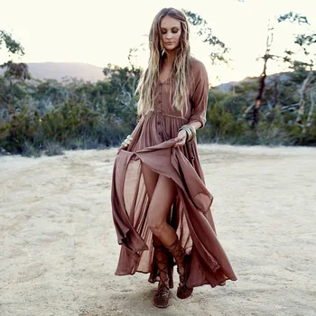 

Long Sleeves Brown Prom Dresses Deep V Ruffle A Line High Slit Sexy Evening Gown Chiffon Formal Dress Vestido De