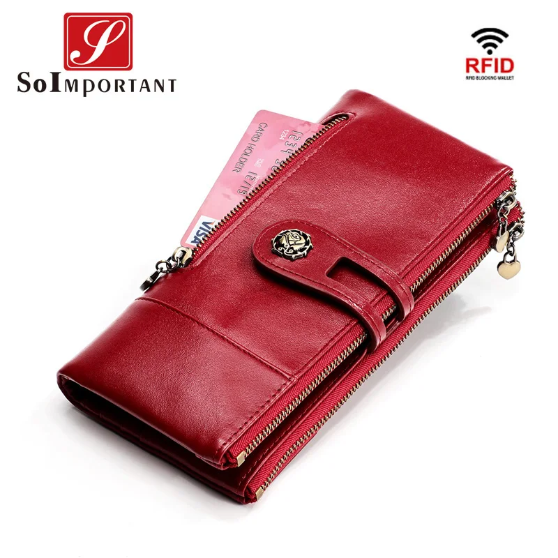 

Genuine Leather Women Clutch Wallet Zipper Female Coin Purse Portomonee Clamp For Phone Bag RFID Card Holder Handy Passport