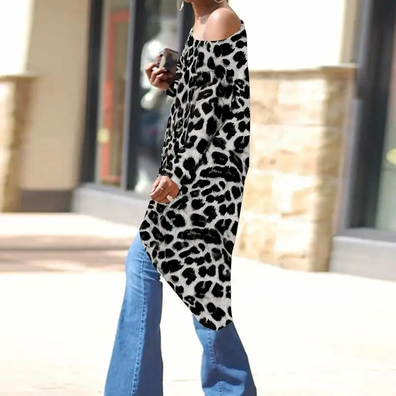 Для женщин Асимметричное Платье-туника топ и пикантным леопардовым узором; Блузы Celmia женские; с открытыми плечами Повседневное длинные рубашки плюс Размеры Blusas 7