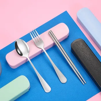 

3pcs/set Stainless Steel Cutlery Set Travel Portable Box Fork Spoon Chopsticks Kitchen Tableware Dishes Sets Dinnerware