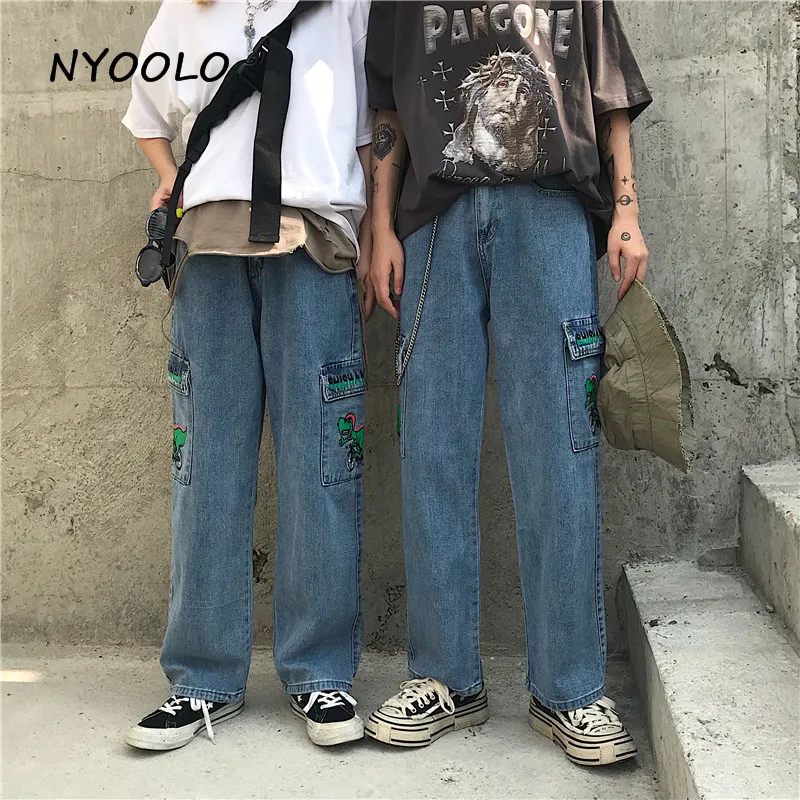 NYOOLO Harajuku уличная мультфильм Динозавр Печать большие брюки без карманов джинсы осень полная длина прямые женские джинсовые брюки для мужчин
