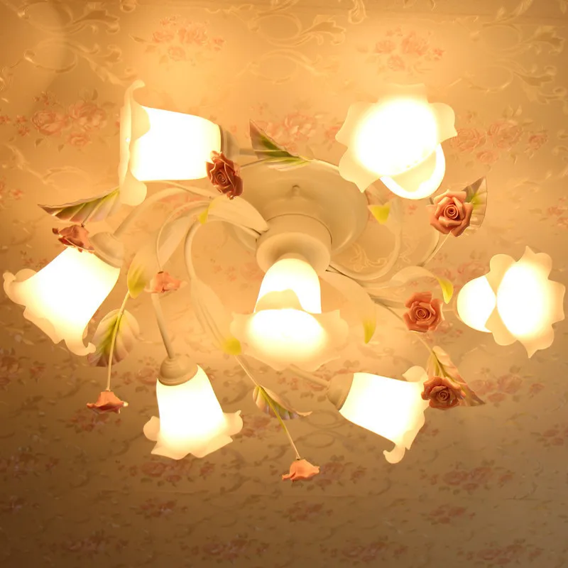 

European Garden American Iron Flower style living room ceiling lamp pink flower romantic wedding room