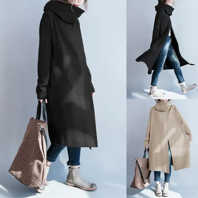 US $14.92 2020 ZANZEA Women Turtleneck Coats Solid Side Pockets Jackets Casual Pullovers Long Sleeve Overcoat