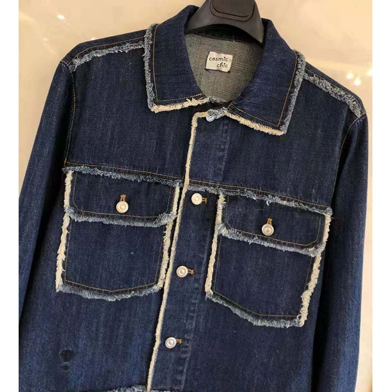 Ideal  Cosmicchic Women Fashion Jean Jacket Denim Coat Long Sleeve Single Breasted Frayed Cowboy Jacket Ba