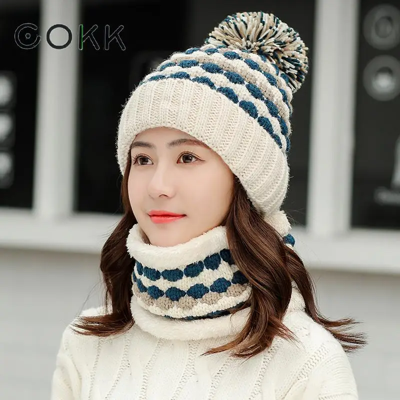 

COKK Ladies Hat & Scarf Winter Thickened Velvet Windproof Warm Ear Protection Knitted Hat With Scarf Collars Sets For Women 2019