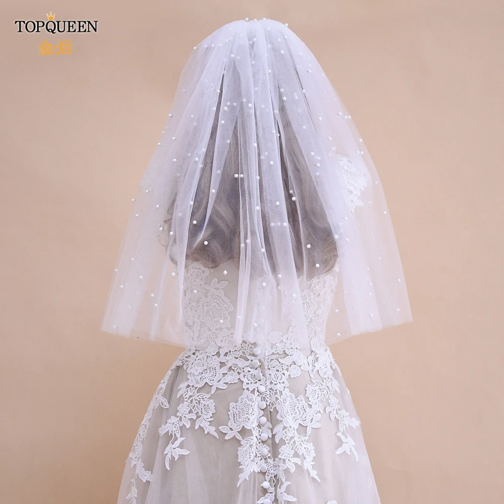 

TOPQUEEN V07 Short White Ivory Wedding Veil Pearls Tulle with Hair Comb Elbow Two-layer Bridal Veil for Wedding Banquet