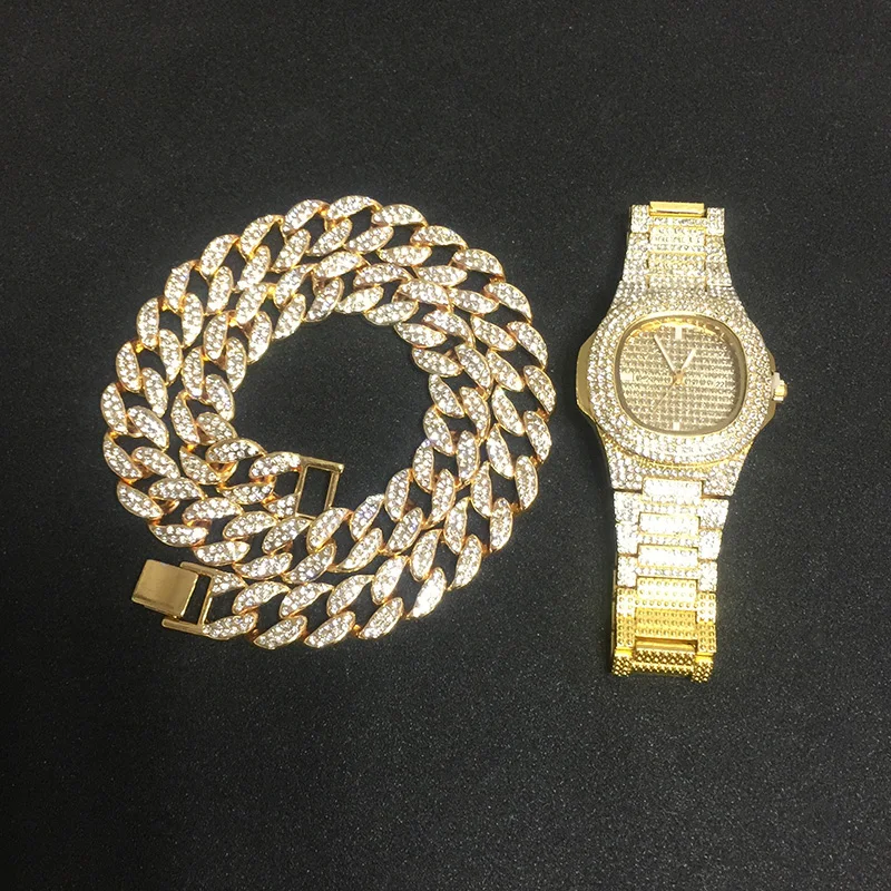 Watch and Chain 50cm Ожерелье+ часы+ браслет в стиле хип-хоп, кантри, кубинская цепочка, золото, серебро, Iced Out, проложили стразы, CZ, Bling Rapper для Мужчин, Ювелирные изделия - Окраска металла: Watch and Chain 50cm