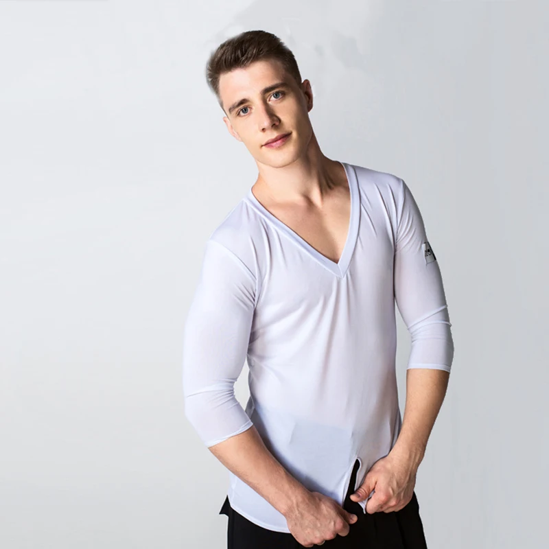 Men'S Latin Dance Tops Practice Clothes Crystal Cotton V-Neck Hem Front New Modern Dance Standard Ballroom Shirt BL2801 - Цвет: White Top