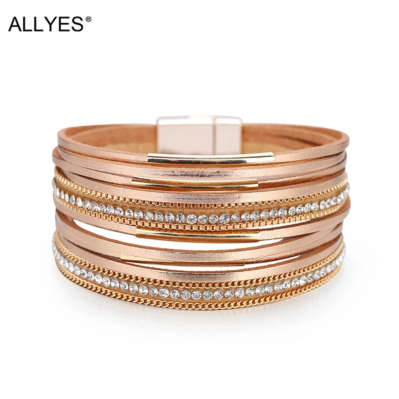 ALLYES Simple Charm Leather Bracelets for Women Fashion Boho Multilayer Rhinestone Wrap Bracelet Bangle Female Jewelry Gifts leather braided bracelet leather bracelet charm bracelet