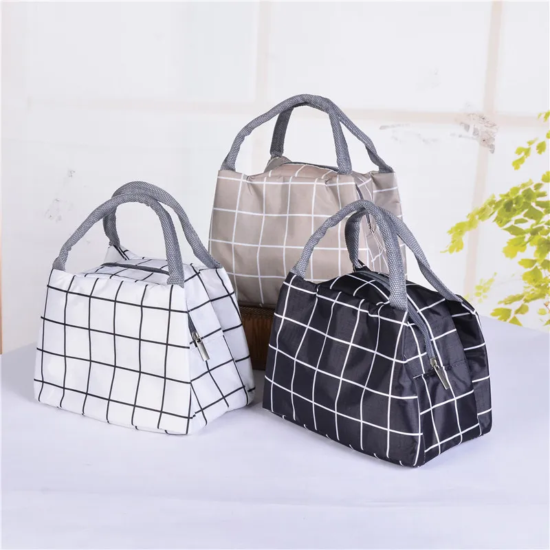

Black White Lattice Portable Insulated Oxford Lunch Bags Thermal Picnic Lunch Bags For Women Kids Functional Cooler Lunch Box